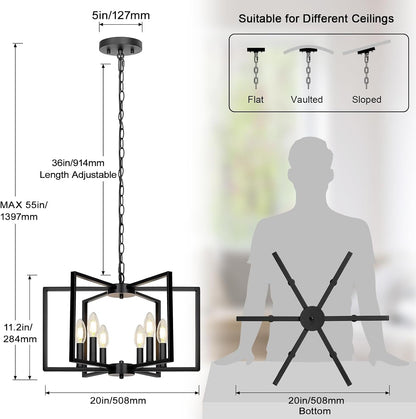 Black Farmhouse Chandelier, 6 Light Geometric Dining Room Light Fixture, Modern Industrial Metal Ceiling Light Rustic Hanging Pendant Lights with E12 Base for Kitchen Island Entryway Foyer, Indoor2