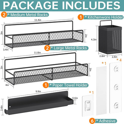 Spice Rack Wall Mounted 6 Pack: 100% Metal & Strong Adhesive Spice Organization for Kitchen Cabinet/Pantry Door, No Drill Hanging Seasoning Organizer with Paper Towel Holder, Utensil Caddy2