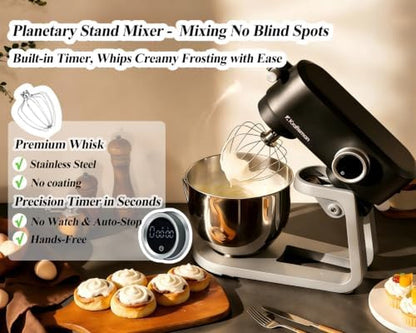 Stand Mixer Powerful DC Motor with Dual Bowl 5.3 QT, Heavy Duty Dough Mixer with 4 Stainless Steel Attachments, Multifuncational Powerhub & 8 Speed Control & Timer5