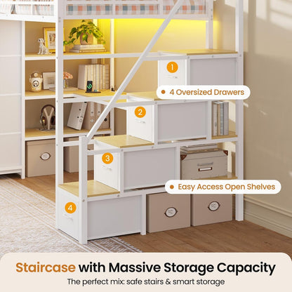 Loft Bed Twin Size with Storage Stairs,Desk and Charging Station,Metal Twin Loft Bed with LED Lights,8 Storage Drawers,3-Tier Shelves,Loft Beds for Kids,Teens,Adults with Safety Guardrail,White5