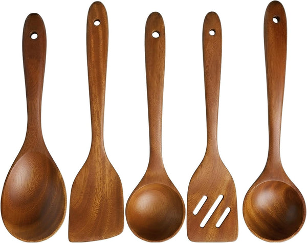 Wooden Kitchen Utensil Set – Non Toxic Mahogany Wooden Spoons for Cooking,Spatula,Turner, Slotted Spatula & Ladle – Natural Wood Cooking Utensils – Housewarming Gift1