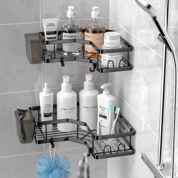 Corner Shower Caddy, 2 Pack Adhesive Shower Corner Organizer Shelves, No Drilling Stainless Steel Shower Storage Rack with Hooks&Toothpaste Holder for Bathroom Kitchen （For 90° Corners Only）2