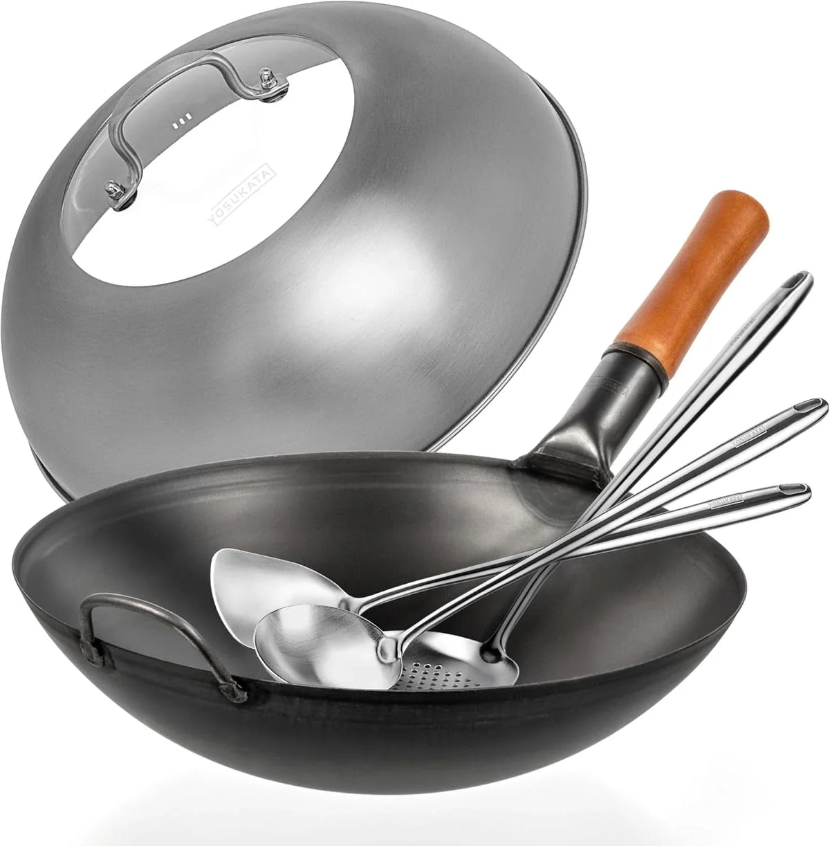 carbon-steel-wok-pan-14-woks-and-stir-fry-pans-plus-17-wok-spatula-and-ladle-skimmer-spoon-plus-wok-lid-13-6-inch