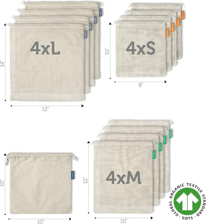 12+1 Reusable Produce Bags Grocery Washable, Organic Cotton Mesh Produce Bags, Double-Stitched & Tare Weigh, Mesh Bags for Vegetables, Cotton Produce Bags Reusable Washable, Produce Bag 4Xs, 4Xm, 4Xl2