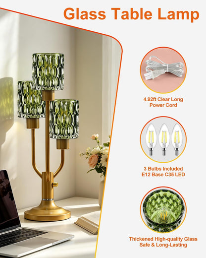 Mid Century Modern Glass Green Table Lamp Dimmable 3 Bulbs Included5