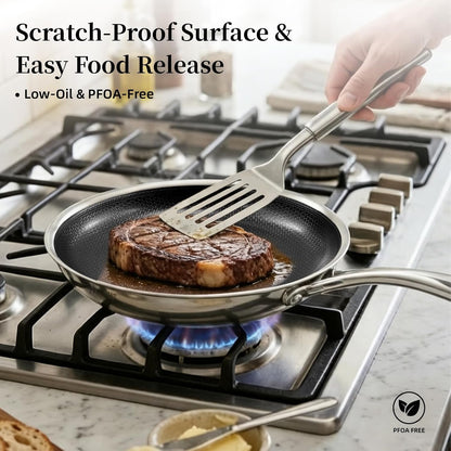 5Pc Hybrid Nonstick Frying Pans Set with Lids, 8, 10 & 12" Pans | Ceramic Nonstick,Stay-Cool Handle, Dishwasher Oven Safe, for All Stovetops Induction for Home Daily Cooking (Black)8