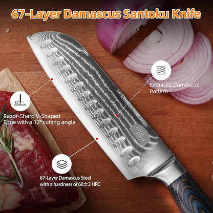 Damascus Santoku Knife, 7- Inch Kitchen Knives with 9Cr18Mov Steel Core, Japanese Kitchen Knife Cooking Meat Cleaver with Durable Wood Handle, Sharp Santoku Chef Knife for Home Use with Gift Box3
