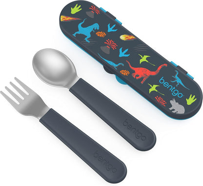 Bentgo Kids Stainless Steel Utensil Set with Fork, Spoon, & Storage Case | Reusable, PFAS- & Bpa-Free, Easy-Grip Handles, Lightweight, Dishwasher Safe, School Lunch, Travel & Outdoors (Dinosaur)1