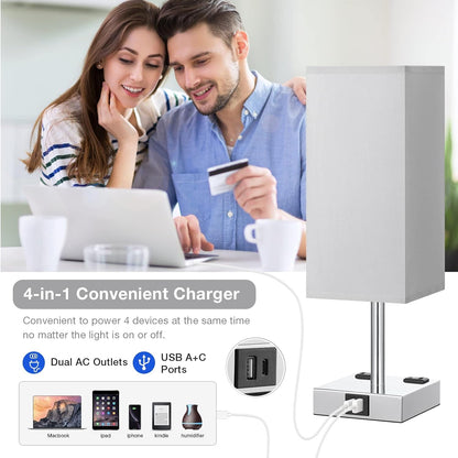 Touch Bedside Table Lamp for Bedroom - Dimmable, USB C+A, 2 AC Outlets | 3-Way Dimming, 3000K Bulb Included, Square Grey Lampshade and Silver Base, Desk Lamp for Nightstand, Living Room, Dorm3