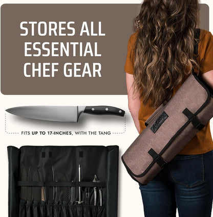 Waxed Nylon Chef Knife Roll Bag with 20 Slots and Zippered Pockets - Professional Chef Knife Bag & Storage Case, Tool Carrier with Shoulder Strap - Knives Not Included (Brown)4