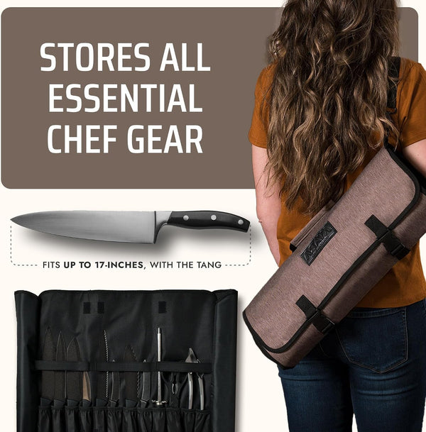 Waxed Nylon Chef Knife Roll Bag with 20 Slots and Zippered Pockets - Professional Chef Knife Bag & Storage Case, Tool Carrier with Shoulder Strap - Knives Not Included (Brown)4