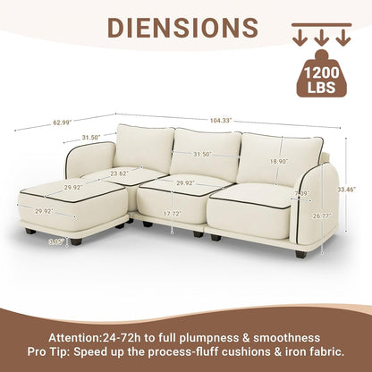 104 Inch L Shaped Modular Sectional Sofa, 4 Seater Modern Cloud Chenille Comfy Couch with Movable Ottoman & 3 Back Pillows, Oversized Comfy L Shape Couch for Living Room, Bedroom, Apartment, Beige2