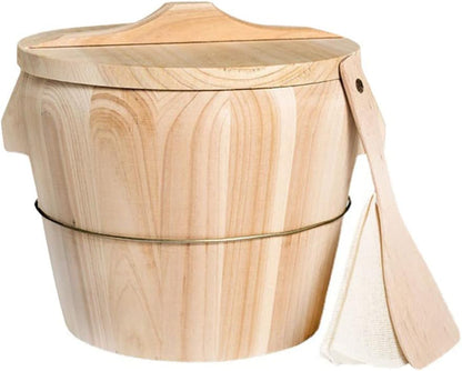 Wooden Rice Steamer Bucket Natural Chinese Material Steamed Rice Barrel with Lid Spoon Cloth and Iron Handles Removable Bottom for Even Cooking and Easy Cleaning 8.26 X 6.49 X 6.49 In1