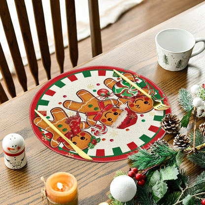 Gingerbread Candy Cane Merry Christmas round Placemats Set of 4, 14 Inch Winter round Table Mats for Dining Decoration3
