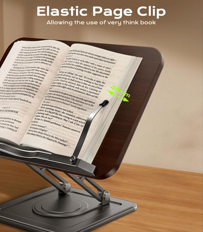 Book Stand for Reading, 360° Rotating Holder with Page Clip, Ergonomic | Adjustable Height Angle, Hands-Free, Anti-Slip Base, Fits Tablets Cookbooks Magazines Laptops, Wood and Metal, Black6