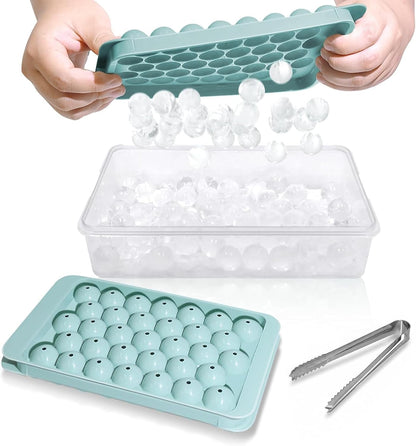 Ice Cube Tray with Lid and Bin, 1" round Ice Trays for Freezer | 2 Blue Ice Cube Trays with Ice Box & Tong, 1" round Ice Balls for Iced Coffee & Juice, Easy Twist Release, for Gatherings1