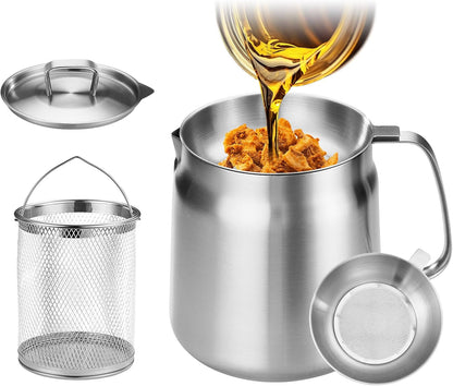 119Oz 304 Stainless Steel Deep Fryer Pot with Basket & Strainer, Large Capacity Bacon Grease Container for Kitchen,Frying, Cooking, Camping,Oil Filter Container - Dishwasher Safe (119Oz/3.5L/3.7Qt)1