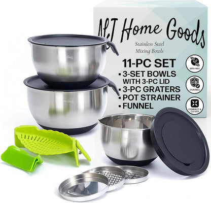 Homeware Stainless Steel Mixing Bowl with Lids Set Handles for Holidays: Gift Set for Kitchen with Pour Spout Non Slip Silicone Base on Bowls Strainer Graters for Kitchen1