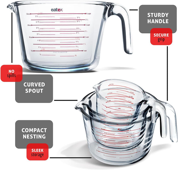 Glass Measuring Cups Set of 3 - Liquid Measuring Cups, Glass Measuring Cup Set - 1,2,4 Cup Measuring Cup - Dishwasher Oven, Microwave Safe Measure Cups4
