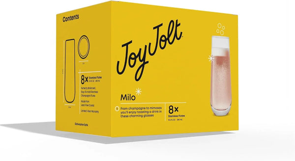 Milo Stemless Champagne Flutes Set of 8 Crystal Glasses. 9.5Oz Prosecco Wine Flute, Mimosa Glasses, Cocktail Glass Set, Water Highball Glass, Bar Glassware9