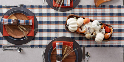 Thanksgiving & Fall Table Decoration Autumn Farmhouse Plaid, Ribbed Table Runner, 13X72, Blue & Orange5