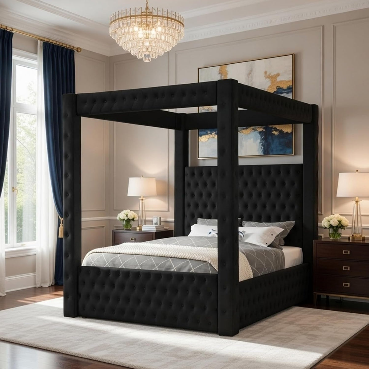 beli-king-size-canopy-bed-tufted-design-black-velvet-upholstery