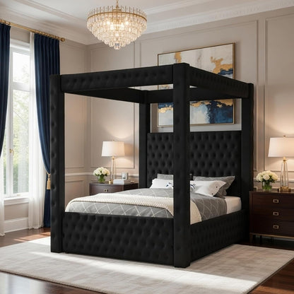 Beli King Size Canopy Bed, Tufted Design, Black Velvet Upholstery9