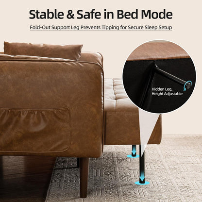 85" Futon Faux Leather Couch with Adjustable Armrests Brown6