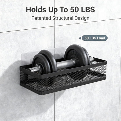 Mesh Shower Caddy Wall Mount, Heavy Duty Adhesive Bathroom Shelf Organizer, Rustproof Floating Spice Rack for Kitchen Pantry, Holds 50 LBS, Multi-Purpose Storage Black-2 Packs (Netting)6