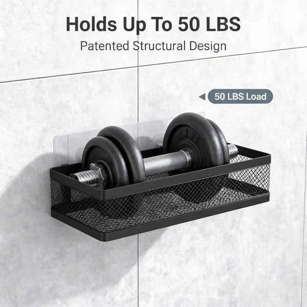 Mesh Shower Caddy Wall Mount, Heavy Duty Adhesive Bathroom Shelf Organizer, Rustproof Floating Spice Rack for Kitchen Pantry, Holds 50 LBS, Multi-Purpose Storage Black-2 Packs (Netting)6