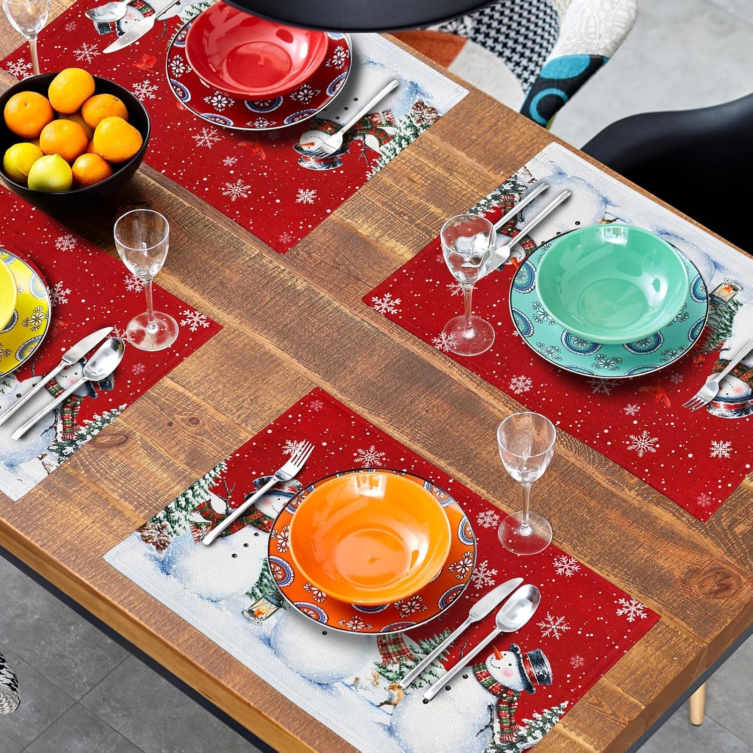 christmas-snowman-placemats-set-of-4-12x18in-xmas-green-trees-red-birds-linen-place-mat-winter-snowflakes-heat-resistant-washable-table-mats-for-kitchen-dining-seasonal-new-year-decor