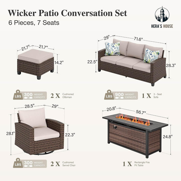 Swivel Glide Patio Furniture Set with Fire Pit Table Wicker6