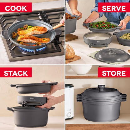 Stacks 16-Piece Ceramic Nonstick Cookware Set with Electric Burner, Pots and Pans Set, Stackable Nesting Kitchen Pots and Pans, Small Kitchen, Oven Safe, Forged Iron8