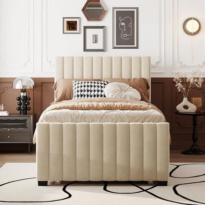 Twin Size Velvet Upholstered Platform Bed, Wood Bed Frame with Twin Size Trundle, Beige3