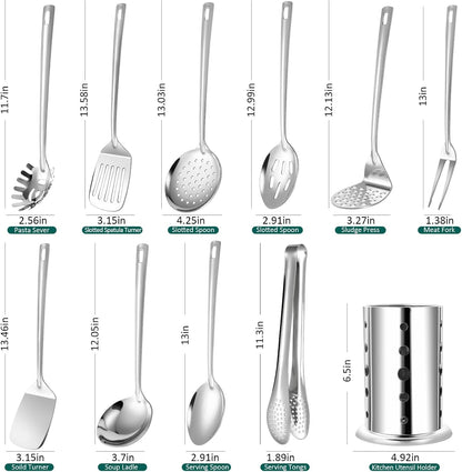 Kitchen Utensils Set, 11Pcs Stainless Steel Cooking Utensils Set with Holder – Includes Turners, Potato Masher, Spatula, Spoons, Pasta Server, Tongs, Soup Ladle, Serving Spoon2