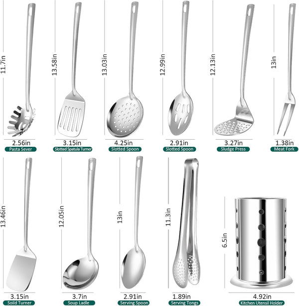 Kitchen Utensils Set, 11Pcs Stainless Steel Cooking Utensils Set with Holder – Includes Turners, Potato Masher, Spatula, Spoons, Pasta Server, Tongs, Soup Ladle, Serving Spoon2