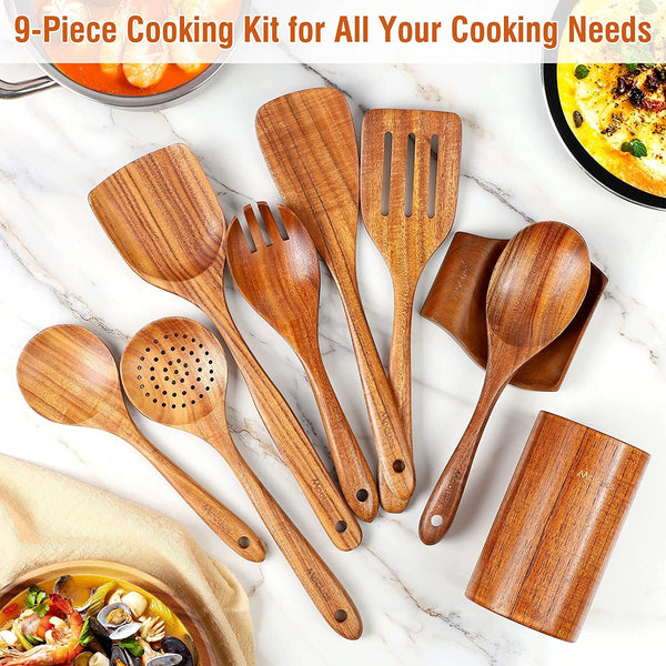 Wooden Kitchen Utensil Set, 9 Piece Natural Teak with Spoon Rest7