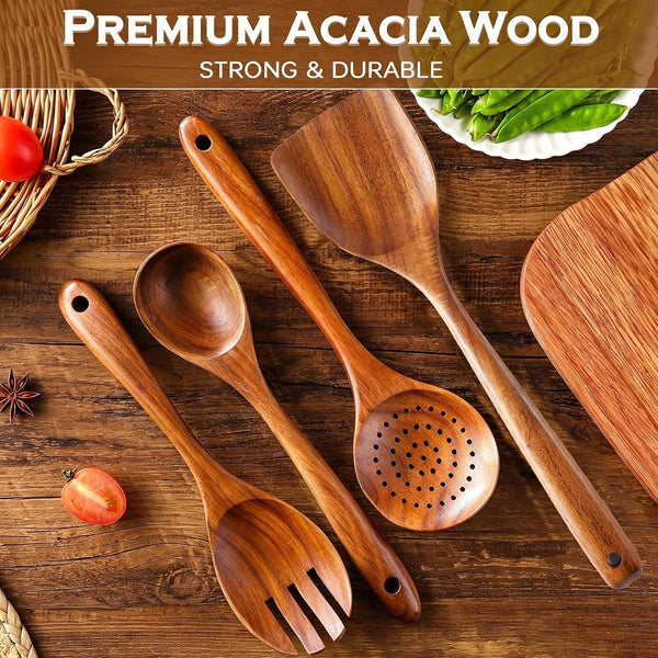 Wooden Spoons for Cooking 7Pcs Natural Acacia Wooden Utensils Set, Wooden Spoon, Spatula, Salad Fork for Cooking,Serving, Stirring, Heat-Resistant, Non-Stick Wood Kitchen Utensil Sets3