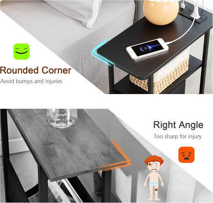 Narrow End Table with Charging Station, Small Nightstand | Skinny Side Tables Living Room with 2 Fabric Drawers, Slim Bedside Table for Bedroom, Small Spaces, Couch, Black7