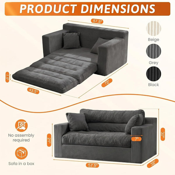 Boneless Loveseat Sofa Couch, 2 in 1 Convertible Sofa Bed with Pillows, Fold Out Bean Bag Chair Boneless Floor Couch for Living Room Bedroom Office Lounge Apartment, No Assembly Needed, Grey2