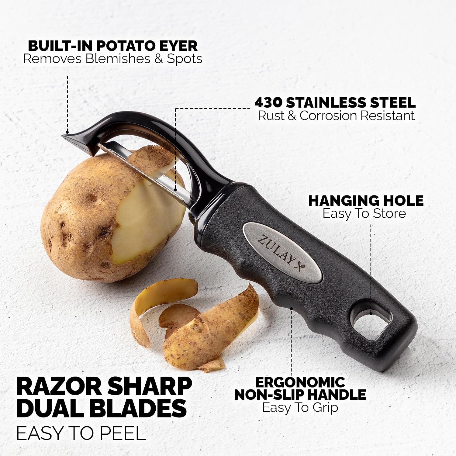 premium-vegetable-peeler-for-kitchen-swivel-peeler-with-razor-sharp-stainless-steel-blades-strong-ergonomic-handle-dishwasher-safe-easy-to-use-with-blemish-remover-black