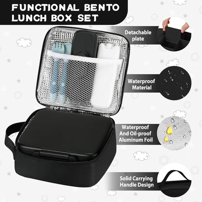 Bento Lunch Box with 8Oz Soup Thermo and Insulated Lunch Bag, Kids Leakproof Lunch Food Containers with 5 Compartment, Boys Girls Thermo Hot Food Jar for Travel, School, BPA Free (Black)5