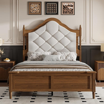 57" Tall Full Size Wood Bed Frame with Upholstered Headboard, Brown3