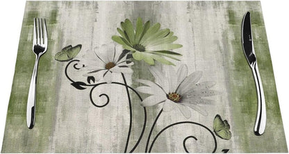 Floral Place Mats Set of 4, 12X18 Inches Rustic Sage Green Daisy Flower Decorative Placemats Rectangle Floral Linen Table Mats for Party Home Kitchen,Dining Table Decoration2