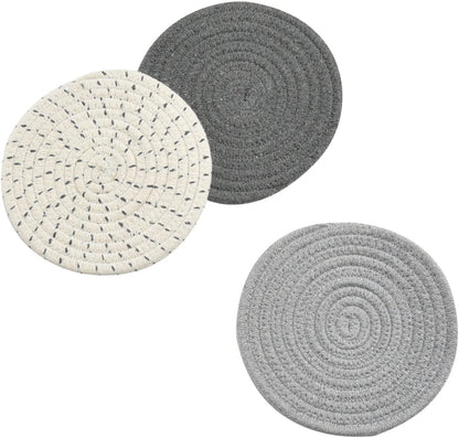 Potholders Set Trivets Set 100% Pure Cotton Thread Weave Hot Pot Holders Set (Set of 3) Stylish Coasters, Hot Pads, Hot Mats,Spoon Rest for Cooking and Baking by Diameter 7 Inches (Gray)2