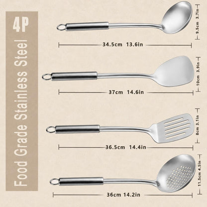 Cooking Utensils Set - 4 Pcs Stainless Steel Kitchen Utensils Set with Solid Turner, Slotted Turner, Serving Ladle, Slotted Spoon, Wok Utensils Set with Heat Resistant Handle, Dishwasher Safe2
