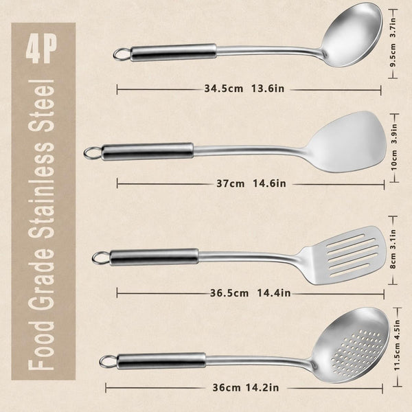 Cooking Utensils Set - 4 Pcs Stainless Steel Kitchen Utensils Set with Solid Turner, Slotted Turner, Serving Ladle, Slotted Spoon, Wok Utensils Set with Heat Resistant Handle, Dishwasher Safe2