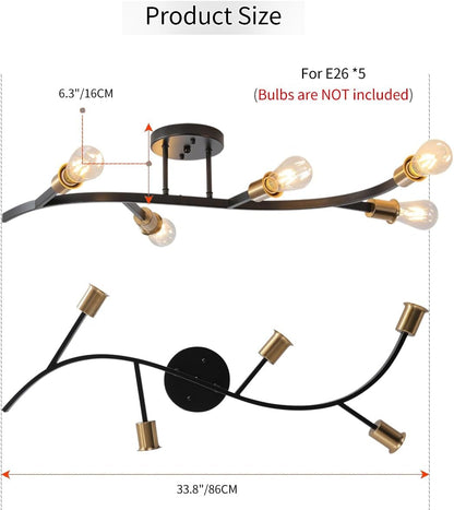 Modern Sputnik Semi Flush Mount Ceiling Light Fixture Black and Gold,5-Lights Mid Century Sputnik Chandelier for Dining Room,Kitchen,Hallway,Laundry Room,Bedroom(Bulbs Not Included)2