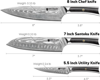 3PCS Damascus Chef Knife Set, VG10 Full Tang, Pakkawood Handle3