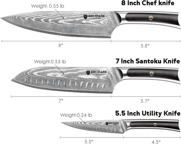 3PCS Damascus Chef Knife Set, VG10 Full Tang, Pakkawood Handle3